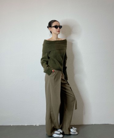 Olive Off Shoulder Knit #241226